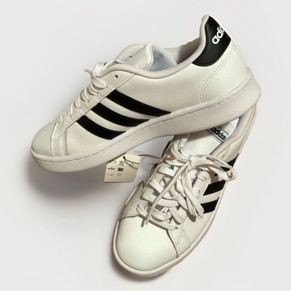 Adidas Grand Court Tennis Shoes Size 8.5 Men White Black Three Stripes Sneakers